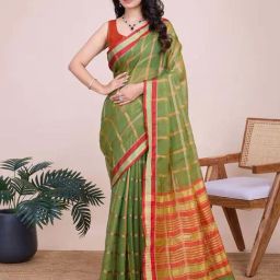 Satrani Green & Maroon Woven Saree With Unstitched Blouse-image-30