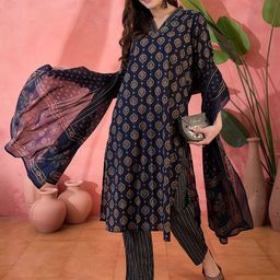 Sangria Ethnic Motifs Printed V Neck Pure Cotton Straight Kurta With Trouser & Dupatta-picture-47