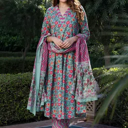 Jaitpuriya Women Floral Printed Regular Pure Cotton Kurta with Trousers & With Dupatta-picture-27