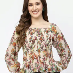 Popwings Women Floral Print Bell Sleeve Chiffon Crop Fitted Top-image-24