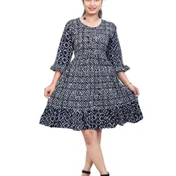 Farooq Dyeing Ethnic Motifs Printed Bell Sleeve Cotton Fit & Flare Dress-picture-31