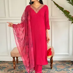 KALINI Women Ethnic Motifs Yoke Design Regular Thread Work Kurti with Palazzos & With Dupatta-19