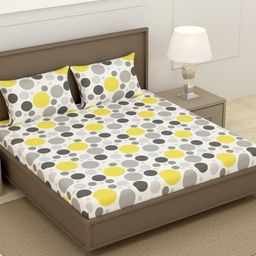 Divine Casa Polka Dots Pure Cotton Double Bedsheet with 2 Pillow Covers - Pale Lime Yellow & Grey-26