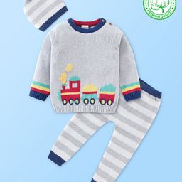 Babyhug Organic Cotton Knit Full Sleeves Sweater Set Stripes & Train Design - Grey-image-6