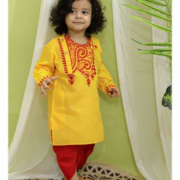 BownBee Full Sleeves Paisley  Embroidered Bangali Style Kurta & Dhoti - Yellow-picture-21