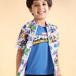 Babyhug Marvel Cotton Half Sleeve Avengers Printed Shirt With Spiderman Printed T-Shirt - White & Blue-image-9