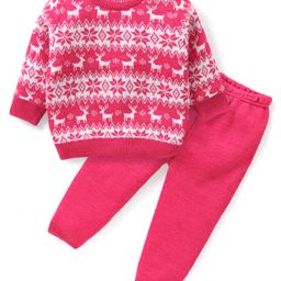 Babyhug Knit Full Sleeves Pull Over Sweater Set with Snow Flakes Design - Pink-image-92