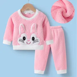 Kookie Kids Full Sleeves Winter Wear Night Suit With Bunny Applique - Pink-picture-38