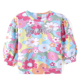 Babyhug 100% Cotton Knit Drop Shoulder Full Balloon Sleeves Sweatshirt with Floral Print - Multicolour-picture-33