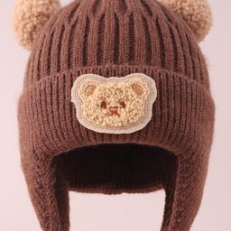 Babyhug Cable Knitted Pom Pom Woollen Cap with Teddy Bear Applique - Brown-image-96