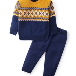 Babyhug Knitted Full Sleeves Sweater Set with Argyle Design - Navy Blue & Yellow-picture-19