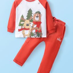 Babyhug Cotton Knit Raglan Sleeves T-Shirt & Lounge Pants Set With Animals Print - Red & White-image-51