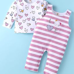 ToffyHouse 100% Cotton Knit Full Sleeves Heart Printed T-Shirt & Striped Dungaree Style Romper - Pink-picture-13