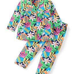 Babyhug Cotton Knit Full Sleeves Front Open Floral Printed Night Suit - Pink-image-99