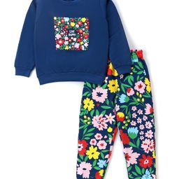 Pine Kids Looper Knit Full Sleeves Night Suit with Floral Print - Navy Blue-image-40