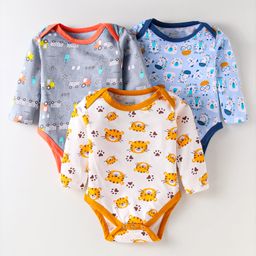 OHMS Single Jersey Knit Full Sleeves Animal Printed Onesies Pack of 3 - White & Grey-image-14