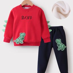 Kookie Kids Full Sleeves Winter Wear T-Shirt & Lounge Pant Set with Dino Applique - Red & Navy Blue-image-66