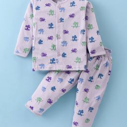 Doreme Single Jersey Knit Full Sleeves Front Open Printed Night Suit - Lilac-picture-14