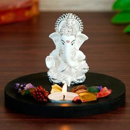 eCraftIndia Silver And White Polyresin Lord Ganesha Idol With Wooden Base, Fragranced Petals Tealight Holder-image-13