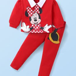 Babyhug Disney Single Jersey KnitFull Sleeves T-Shirt & Leggings Set With Minnie Mouse Graphics & Badge Detailing - Red-image-73