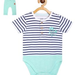 MINI KLUB Cotton Half Sleeves Striped Onesie & Pajama Set - Aqua Blue-image-60