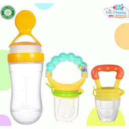 The Cheeky Kidzz Baby 2 Fruit Food Vegetable Nibblers Soother Teether With 1 Squeeze Silicone Spoon Feeder (YELLOW)-17