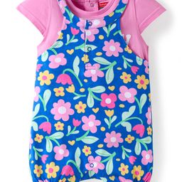 Babyhug Interlock Knit Dungaree & Cap Sleeves T-Shirt With Floral Print - Blue & Pink-image-48