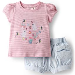 ToffyHouse Knit Half Sleeves Striped Top & Shorts Set With Embroidery & Bow Applique - Light Pink & Light Blue-image-18