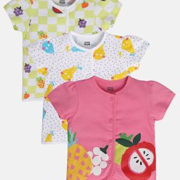 MINI KLUB Cotton Pack Of 3 Half Sleeves Checked & Fruits Printed Jhablas - White Pink & Yellow-image-14