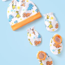 Babyhug Interlock Knit Cap Mittens & Booties Set With Dinosaur Print Orange - Diameter 11 cm-picture-14