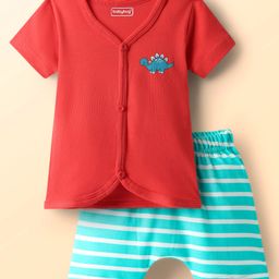 Babyhug Cotton Knit Half Sleeves Shorts Night Suit With Stripes & Dino Print - Red-image-83