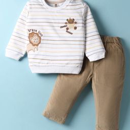 ToffyHouse 100% Knitted Cotton Full Sleeves Striped T-Shirt & Woven Corduroy Pants Set With Animals Embroidery - Tan & White-picture-17