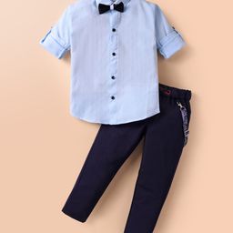 Rikidoos Full Sleeves Textured Shirt & Pant With Bow & Suspender Set - Sky & Navy Blue-image-74