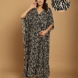 Secret Wish Rayon Woven Half Batwing Sleeves Abstract Printed Maternity Kaftan Nighty With Side Seam Nursing Access - Black-image-87