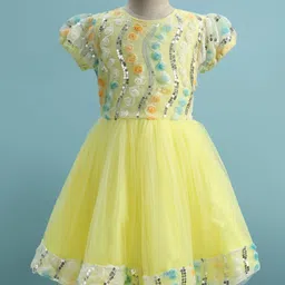 Pine Kids Woven Half Sleeves Party Dress With Floral Applique & Sequin Detailing - Yellow-picture-44