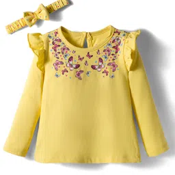 Babyhug 100% Cotton Knit Top & Hairband with Butterfly Print & Frill Detailing - Yellow-picture-22
