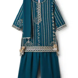 Babyhug Woven Three Fourth Sleeves Embroidered Kurti Palazzo Set with Dupatta & Sequin Detailing - Teal Blue-picture-37