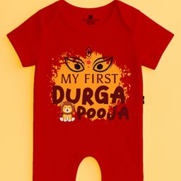 The Peppy Tend 100% Cotton Knit Durga Puja Theme Half Sleeves My First Durga Pooja Text Printed Romper - Red-picture-14