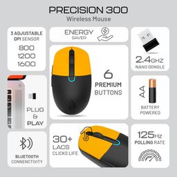 Archer Tech Lab Precision 300 Wireless Mouse, Dual Mode Bluetooth 3.0 & 5.2/2.4GHz USB Nano Dongle 10M Range,3 DPI Settings (800-1200-1600) 6 Button Ergonomic Design,3 Million Clicks,Lightweight 63gm image 2