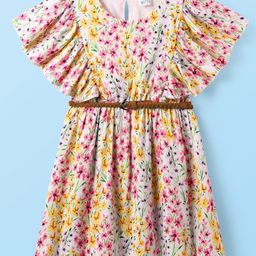 Hola Bonita Rayon Woven Flutter Sleeves Frock With Floral Print & Belt - Multicolor image 2
