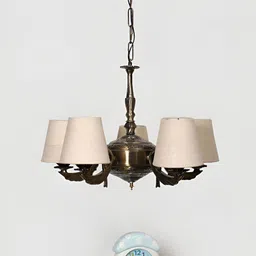 Devansh White Textured conical shade with Antique Golden Chandelier Metal Ceiling Lamp-image-92