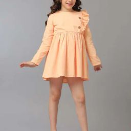 Under Fourteen Only Kids Peach Cotton Printed Full Sleeves Dress-image-45