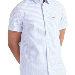 Tommy Hilfiger White & Moderate Blue Stripes Regular Fit Shirt-image-36