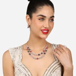 Zaveri Pearls Multicolor Flowers Cubic Zirconia Pearls Bling Layered Necklace Earring Set-ZPFK17935-image-30