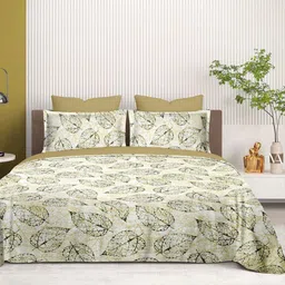 Cortina Green & White Floral 140 TC King Bedsheet with 2 Pillow Covers-image-81