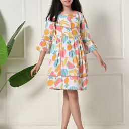 Bella Moda Girls Blue Cotton Three Fourth Bell Sleeves Printed Dress-image-52
