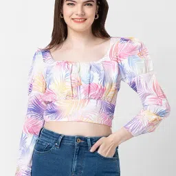 Spykar White & Pink Cotton Printed Crop Top-image-88