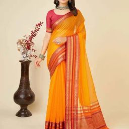Satrani Yellow Woven Saree With Unstitched Blouse-image-26
