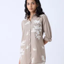 Utsa by Westside Taupe Floral Embroidered Cotton Ethnic Tunic-picture-26
