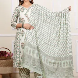 YASH GALLERY Floral Printed Regular Pure Cotton Kurta With Trouser With Dupatta image 1